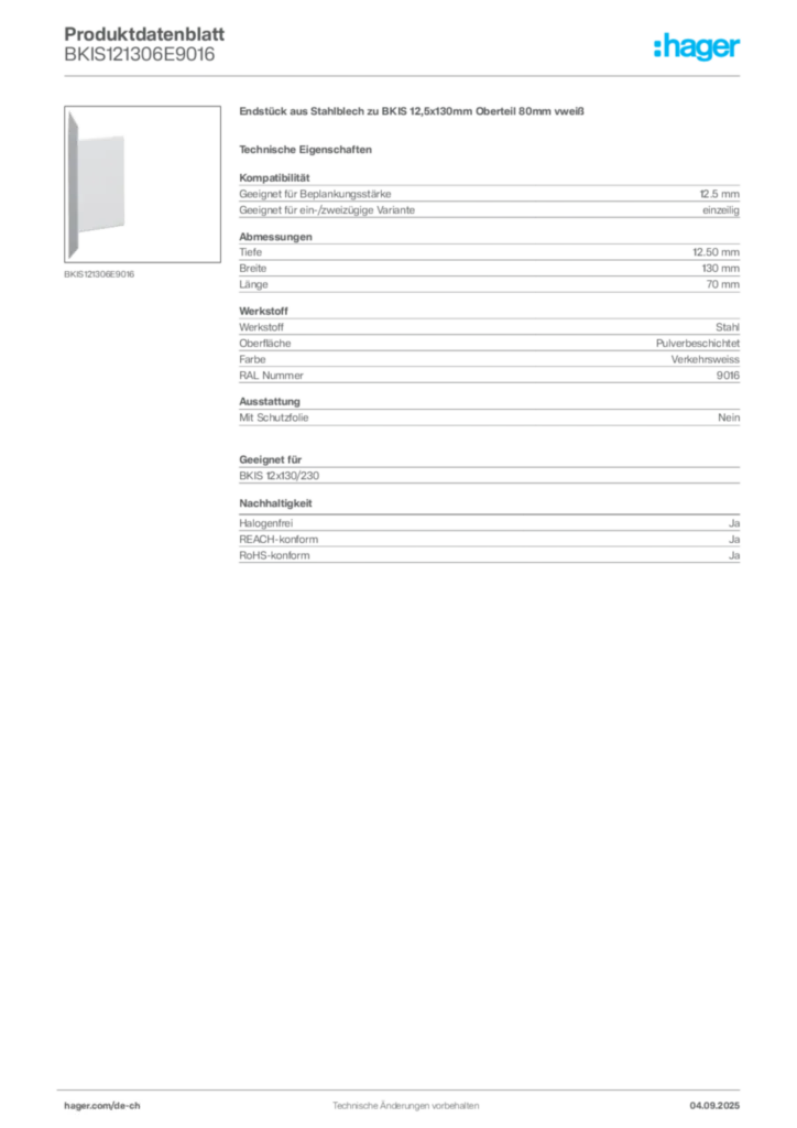 Bild Hager Produktdatenblatt BKIS121306E9016 | Hager Schweiz