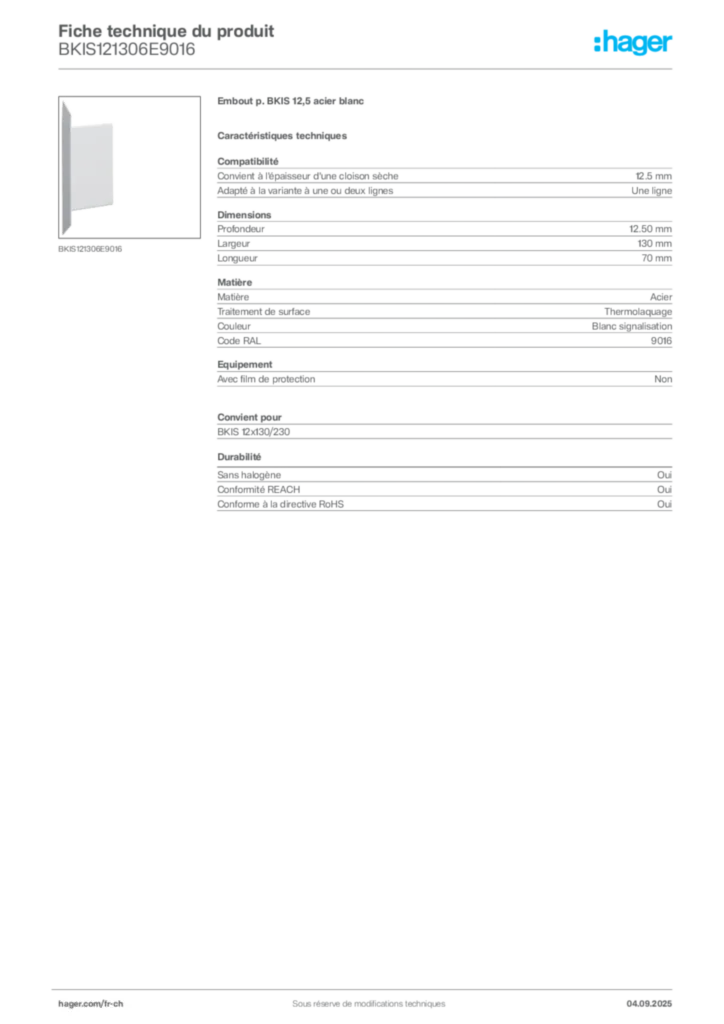 Image Hager Fiche technique du produit BKIS121306E9016 | Hager Suisse