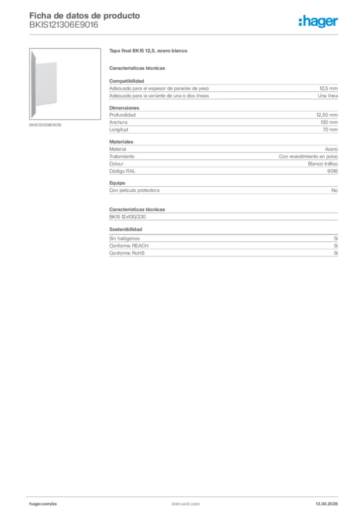 Imagen Hager Ficha de datos de producto BKIS121306E9016 | Hager España