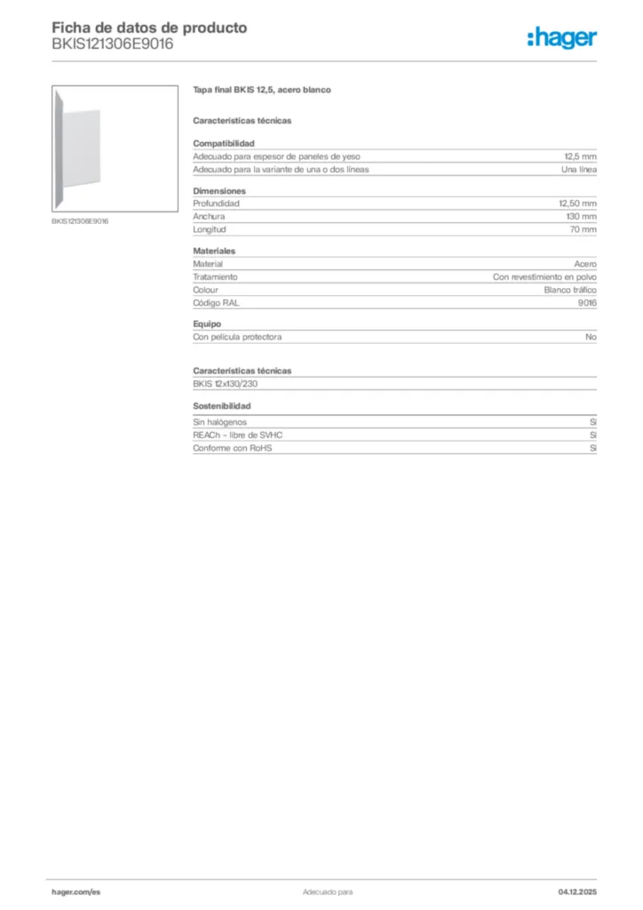 Imagen Hager Ficha de datos de producto BKIS121306E9016 | Hager España