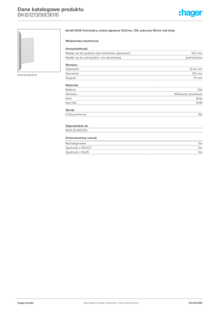 Zdjęcie Hager Dane katalogowe produktu BKIS121306E9016 | Hager Polska
