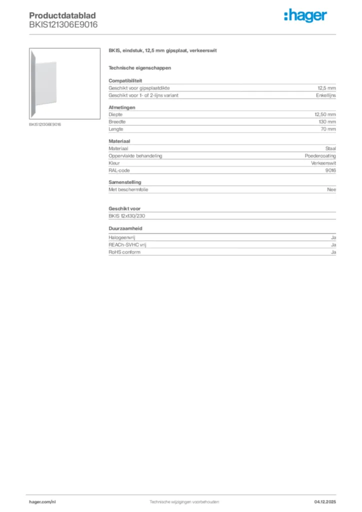 Afbeelding Hager Productdatablad BKIS121306E9016 | Hager Nederland