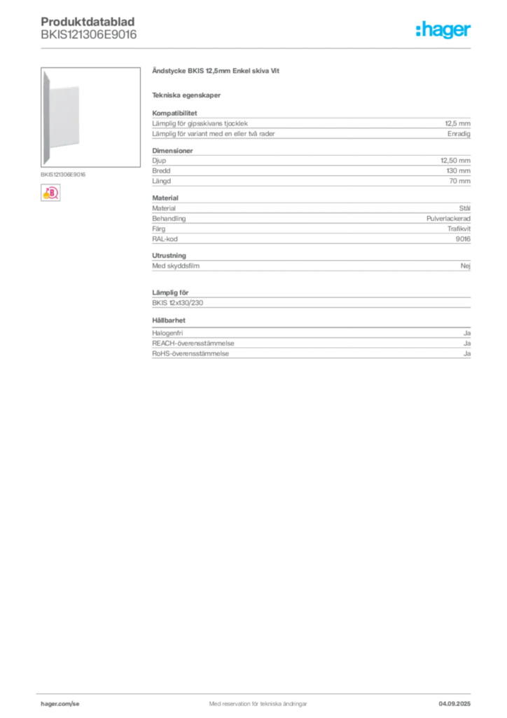 Bild Hager Produktdatablad BKIS121306E9016 | Hager Sverige