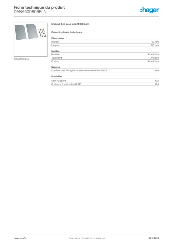 Image Hager Fiche technique du produit DABA500806ELN | Hager France