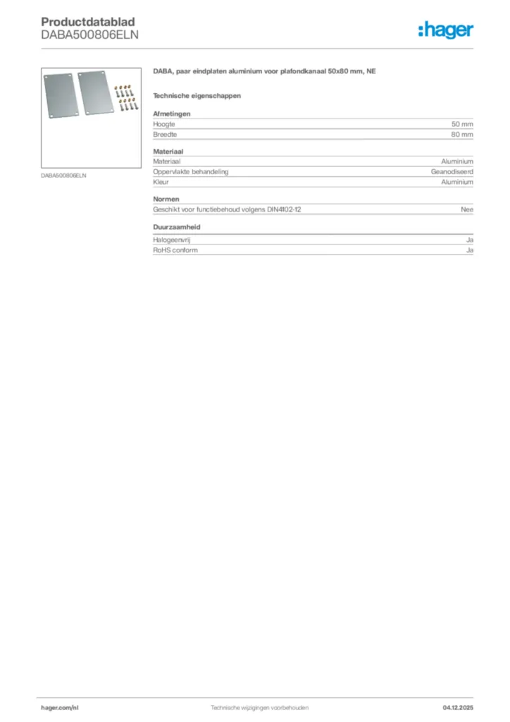 Afbeelding Hager Productdatablad DABA500806ELN | Hager Nederland