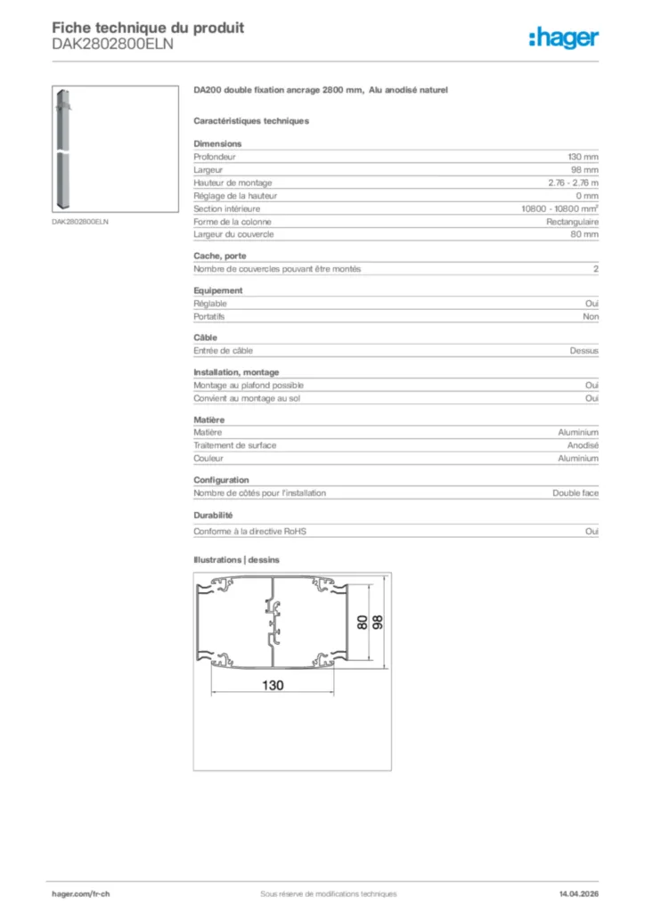 Image Hager Fiche technique du produit DAK2802800ELN | Hager Suisse