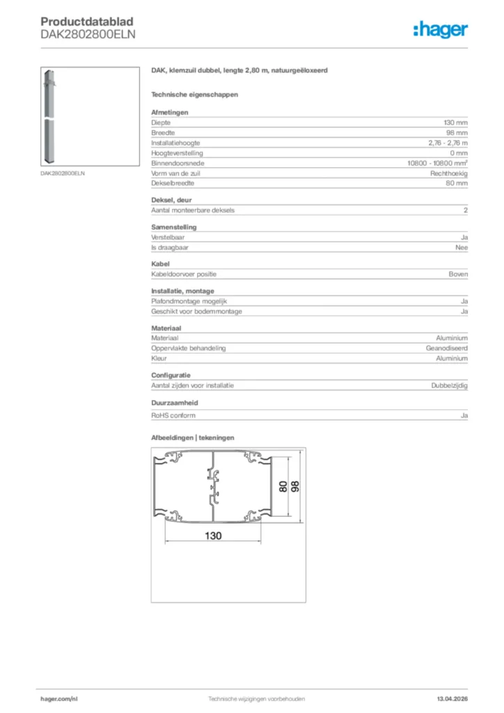 Afbeelding Hager Productdatablad DAK2802800ELN | Hager Nederland