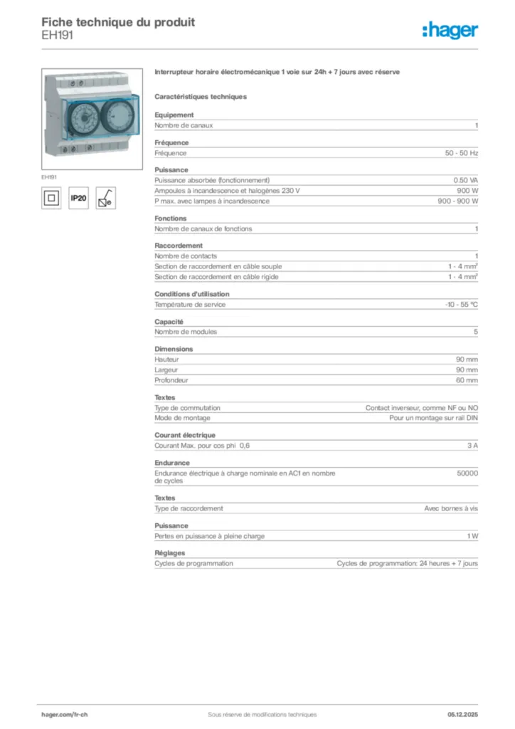 Image Hager Fiche technique du produit EH191 | Hager Suisse