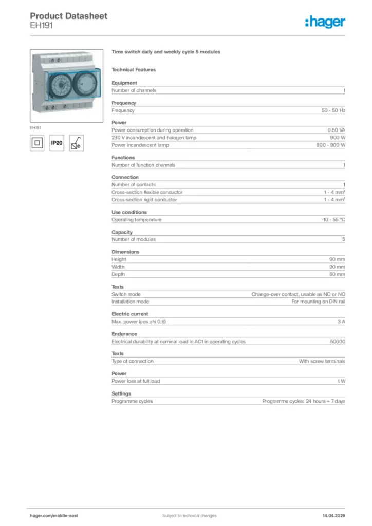 Image Hager Product data sheet EH191  | Hager