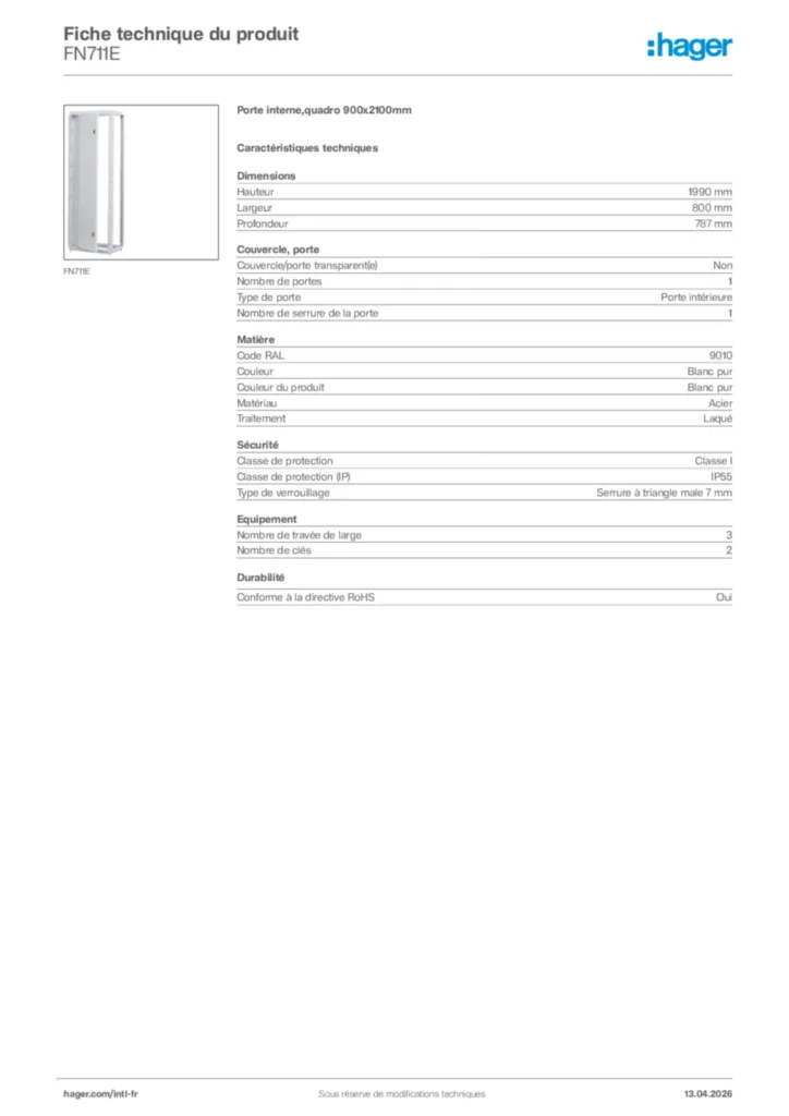 Image Hager Fiche technique du produit FN711E | Hager Afrique