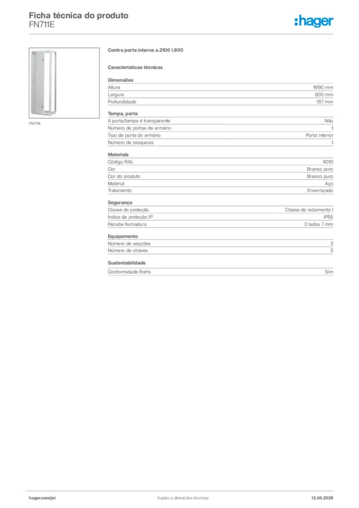 Imagem Hager Ficha técnica do produto FN711E | Hager Portugal