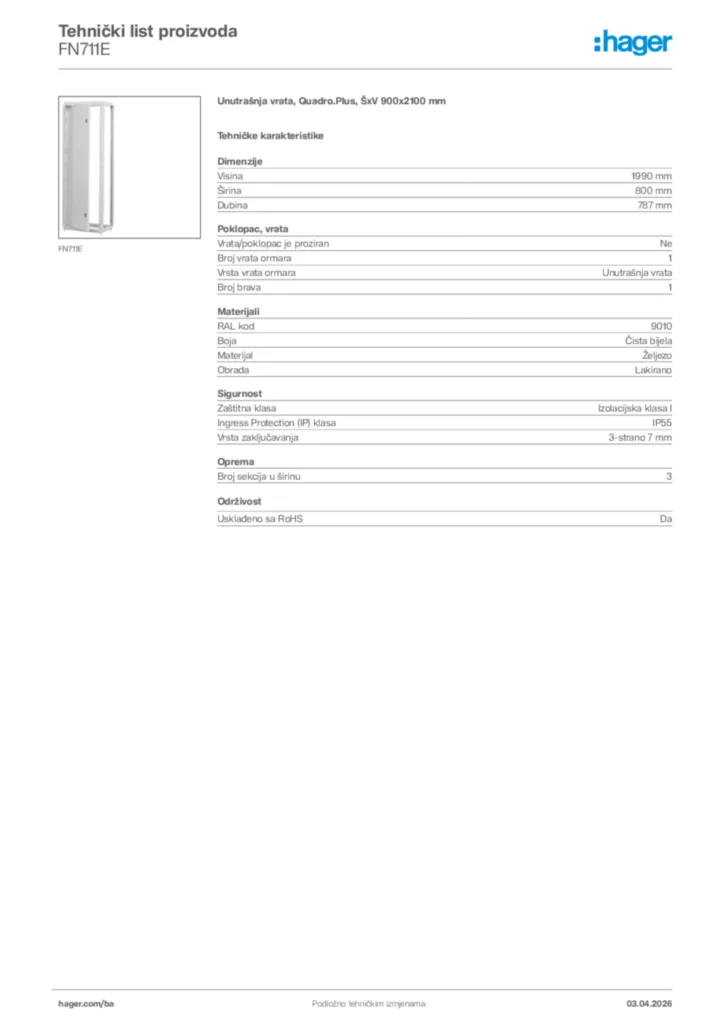 Slika Hager Tehnički list proizvoda FN711E  | Hager