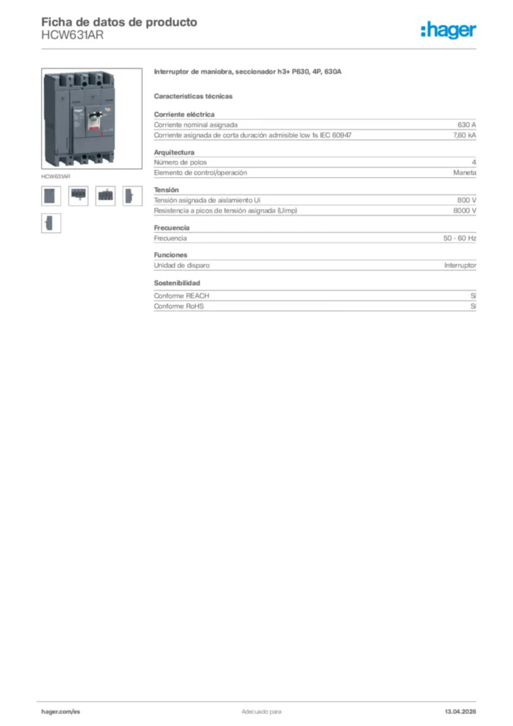 Imagen Hager Ficha de datos de producto HCW631AR | Hager España