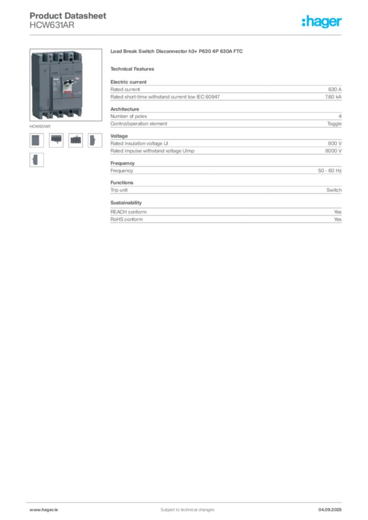 Image Hager Product data sheet HCW631AR  | Hager