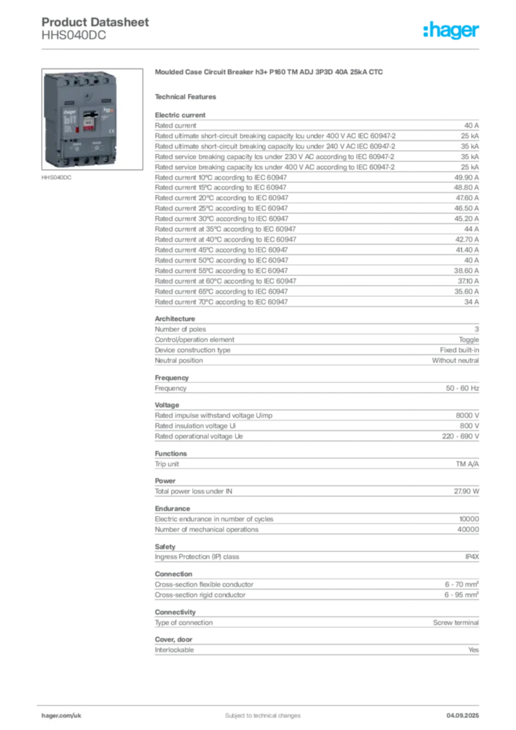 Image Hager Product data sheet HHS040DC  | Hager