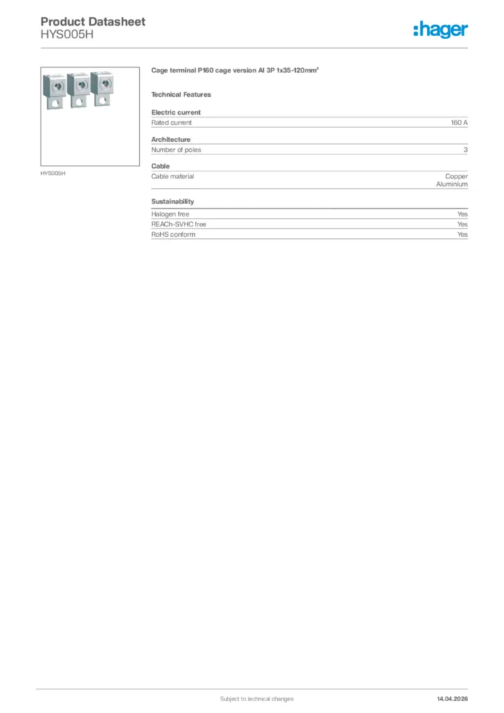 Image Hager Product data sheet HYS005H  | Hager Africa
