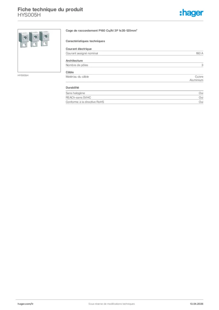 Image Hager Fiche technique du produit HYS005H | Hager France