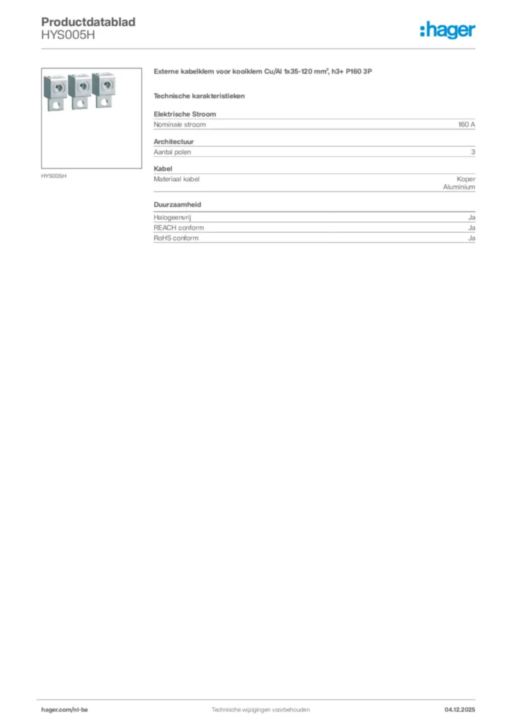 Afbeelding Hager Productdatablad HYS005H | Hager Belgium