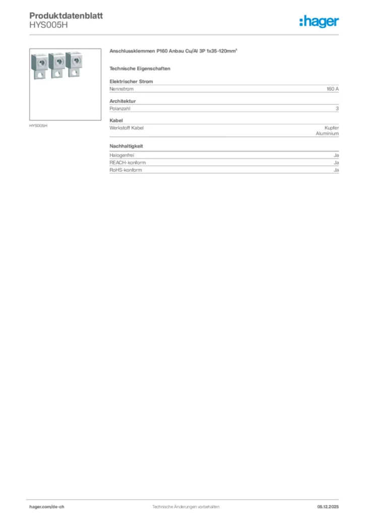 Bild Hager Produktdatenblatt HYS005H | Hager Schweiz