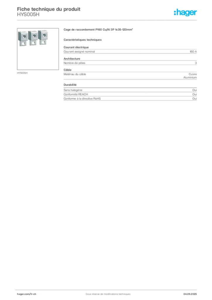 Image Hager Fiche technique du produit HYS005H | Hager Suisse