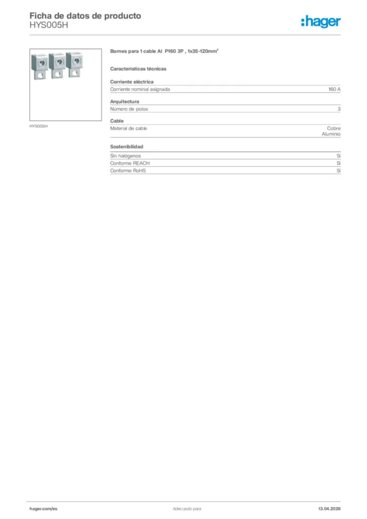 Imagen Hager Ficha de datos de producto HYS005H | Hager España
