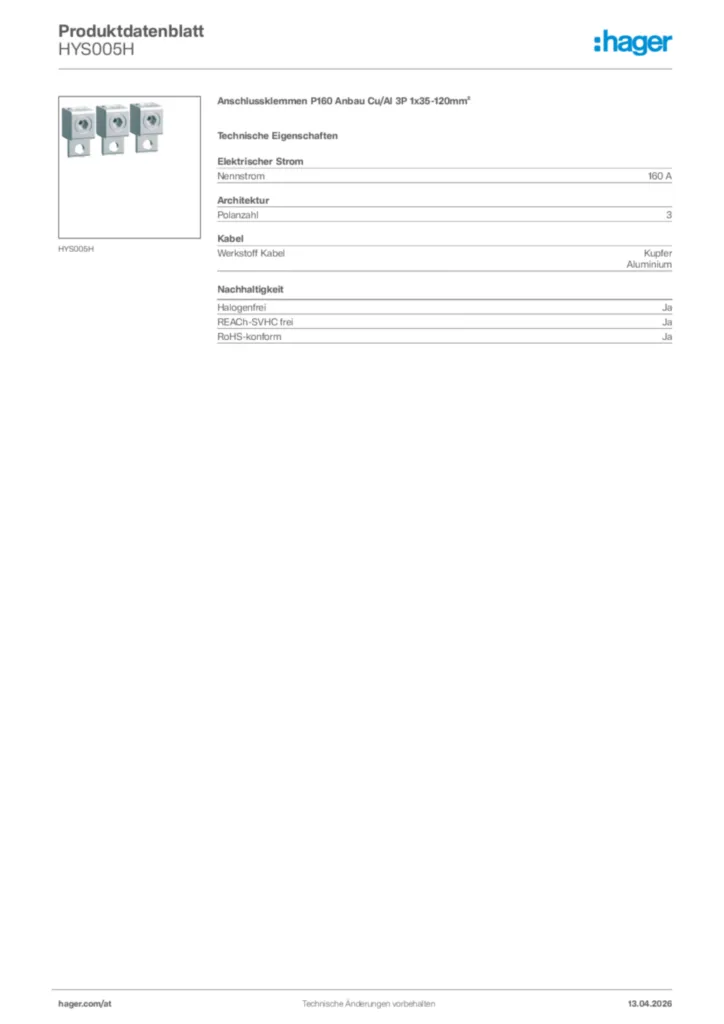 Bild Hager Produktdatenblatt HYS005H | Hager Deutschland