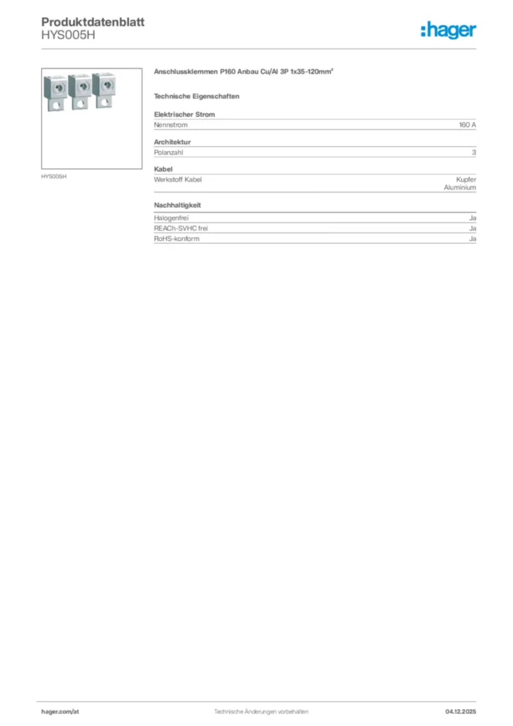 Bild Hager Produktdatenblatt HYS005H | Hager Deutschland