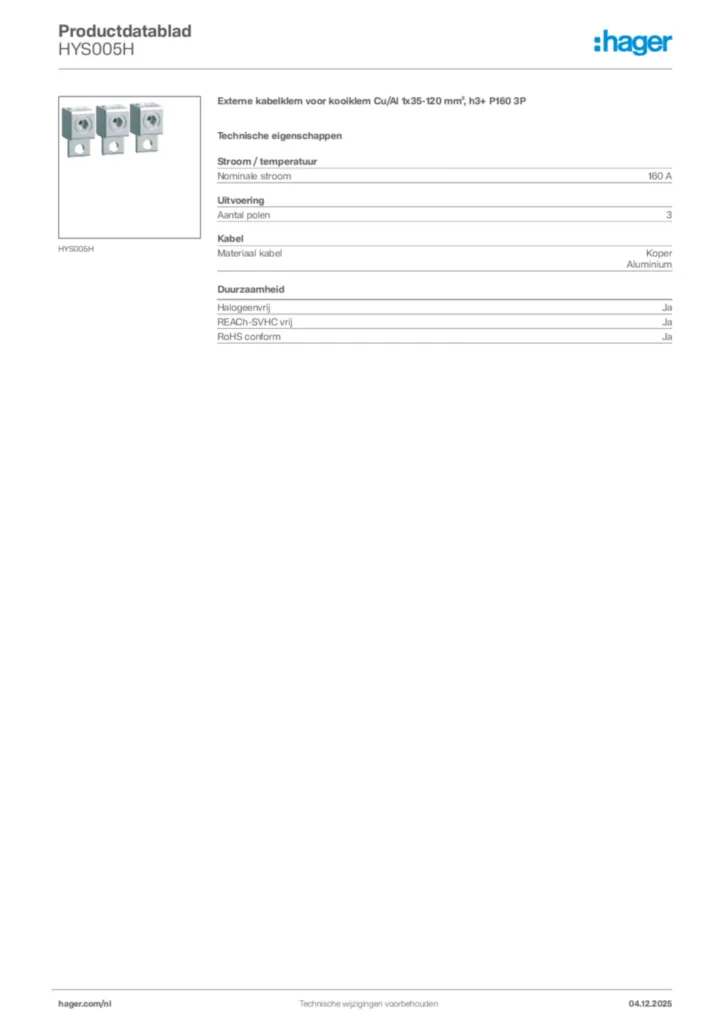 Afbeelding Hager Productdatablad HYS005H | Hager Nederland