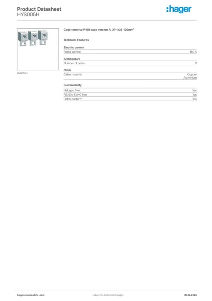 Image Hager Product data sheet HYS005H  | Hager