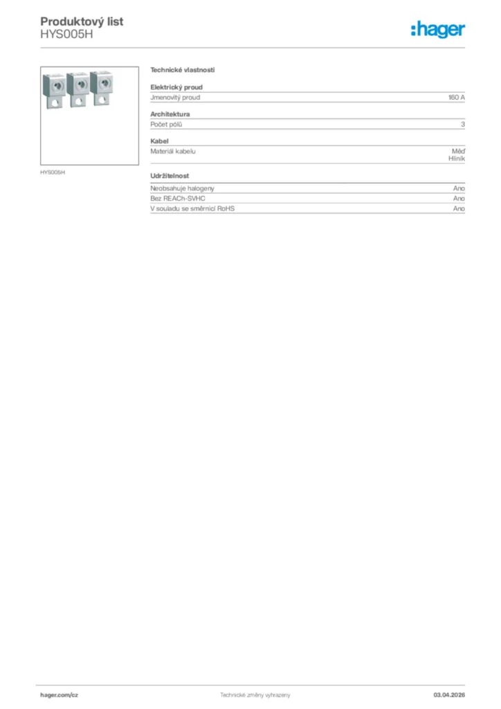 Obrázek Hager Product data sheet HYS005H | Hager