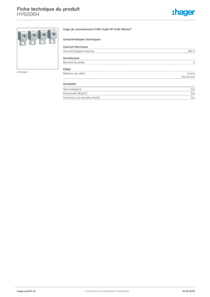 Image Hager Fiche technique du produit HYS006H | Hager Suisse