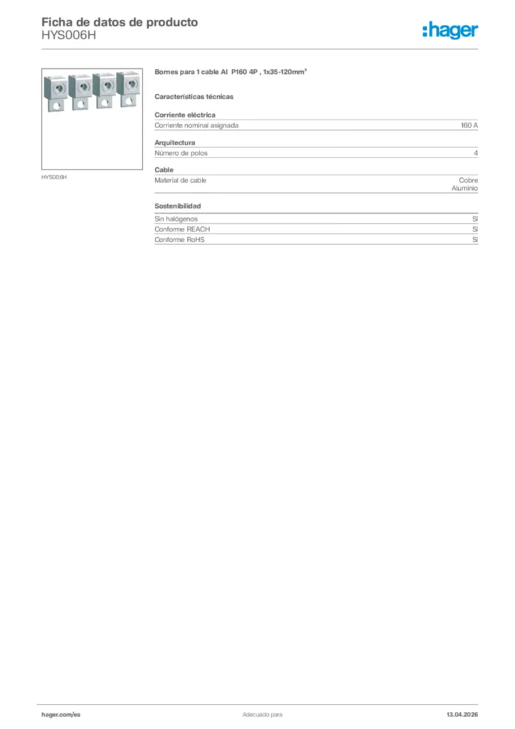 Imagen Hager Ficha de datos de producto HYS006H | Hager España