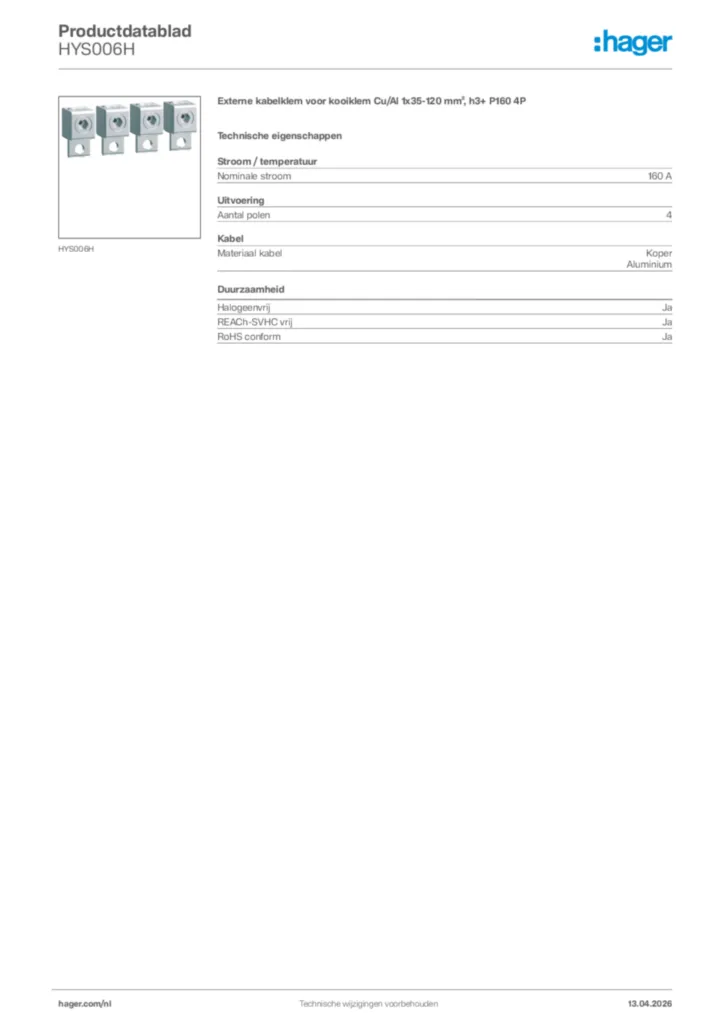 Afbeelding Hager Productdatablad HYS006H | Hager Nederland