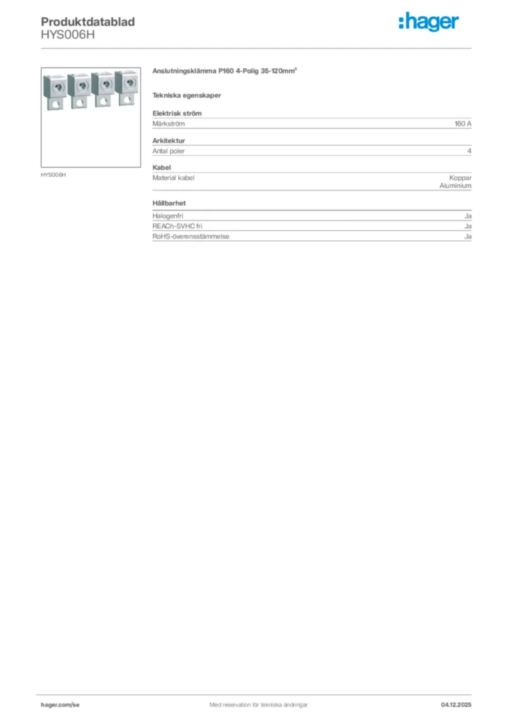 Bild Hager Produktdatablad HYS006H | Hager Sverige