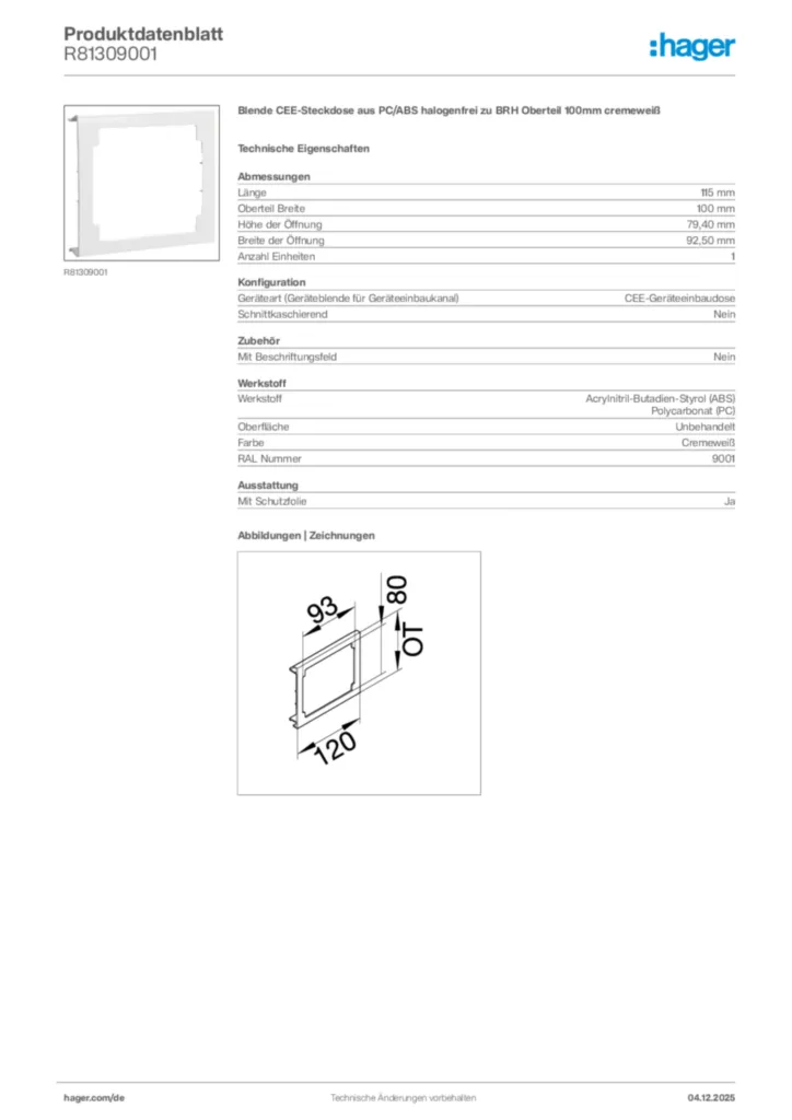 Bild Hager Produktdatenblatt R81309001 | Hager Deutschland