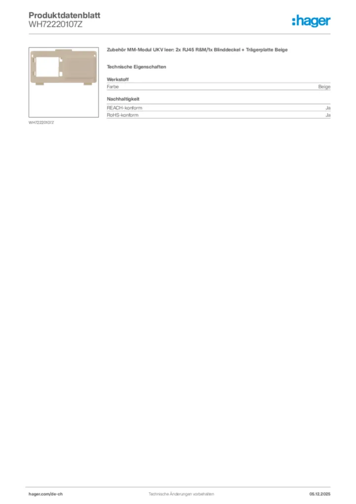 Bild Hager Produktdatenblatt WH72220107Z | Hager Schweiz