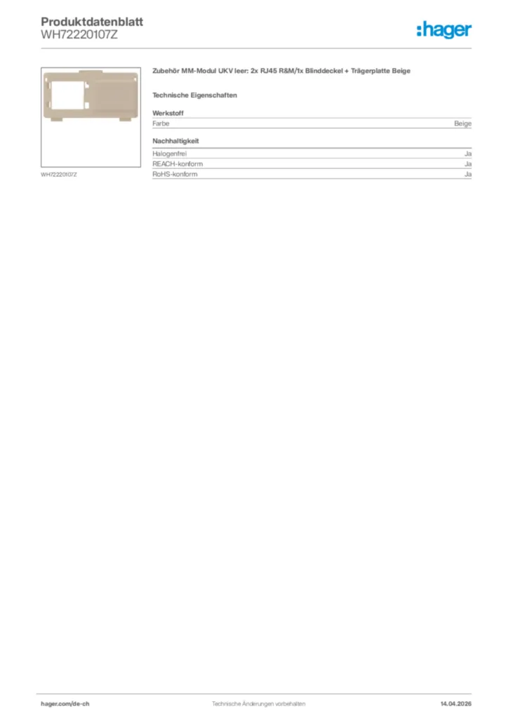 Bild Hager Produktdatenblatt WH72220107Z | Hager Schweiz
