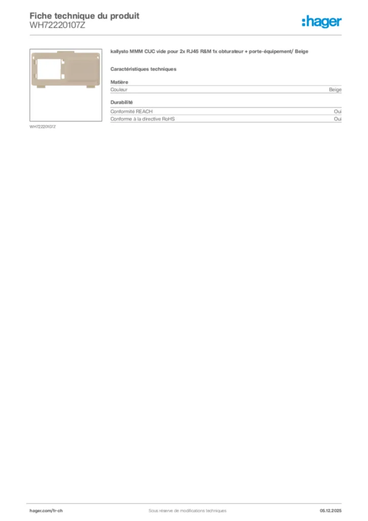 Image Hager Fiche technique du produit WH72220107Z | Hager Suisse