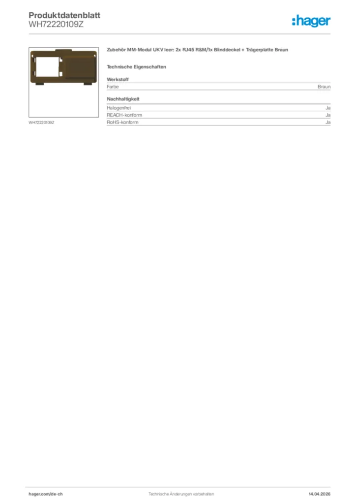 Bild Hager Produktdatenblatt WH72220109Z | Hager Schweiz