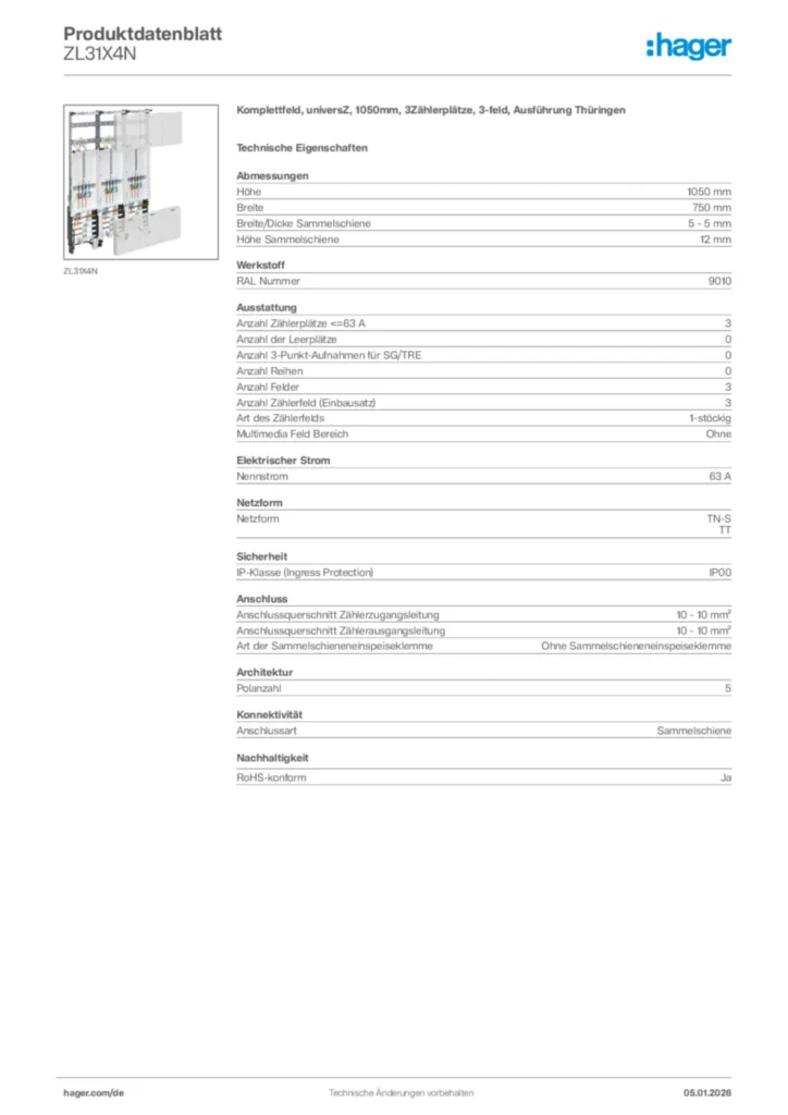 Bild Hager Produktdatenblatt ZL31X4N | Hager Deutschland