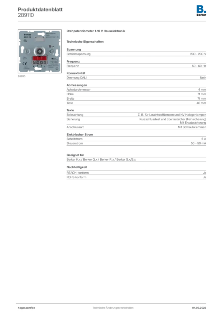 Bild Berker Produktdatenblatt 289110 | Hager Deutschland