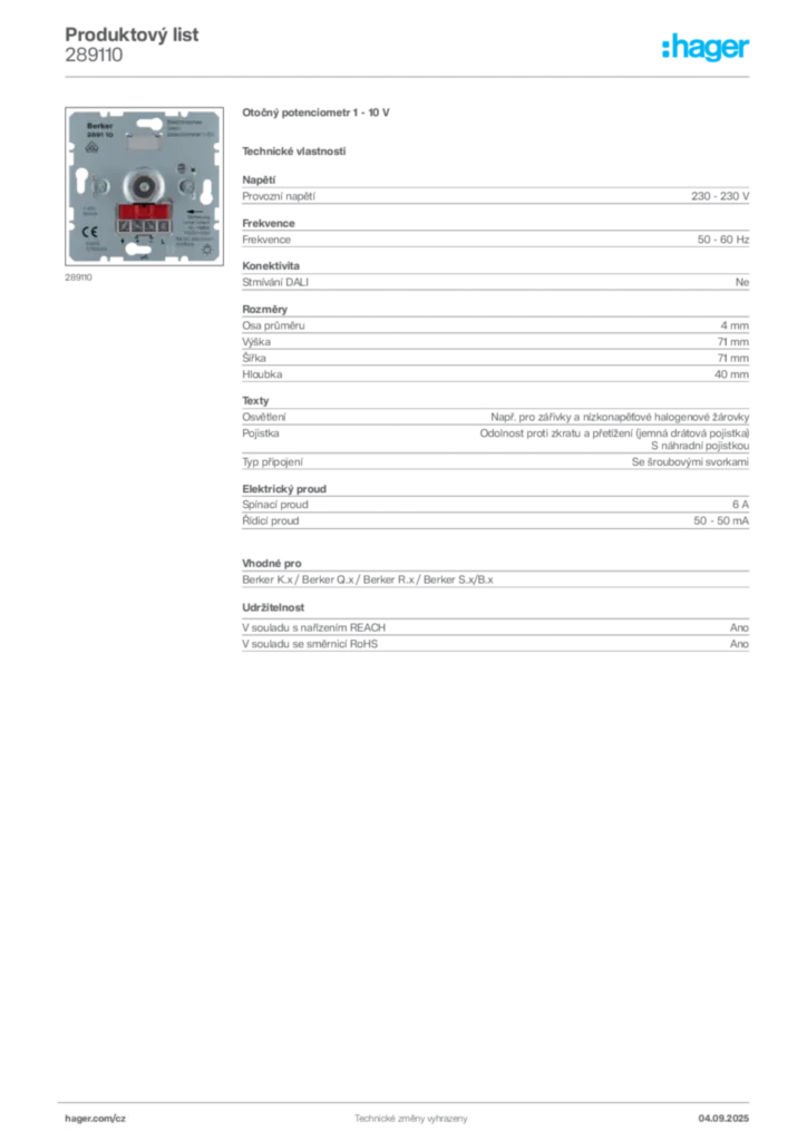 Obrázek Hager Produktový list 289110 | Hager