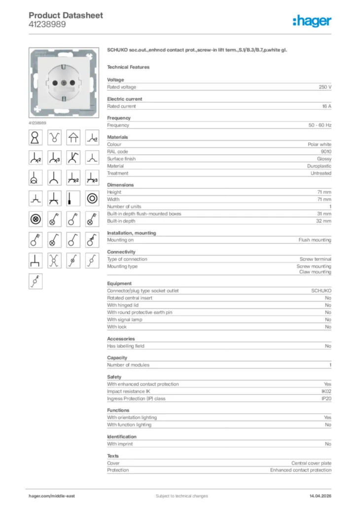 Image Hager Product data sheet 41238989  | Hager