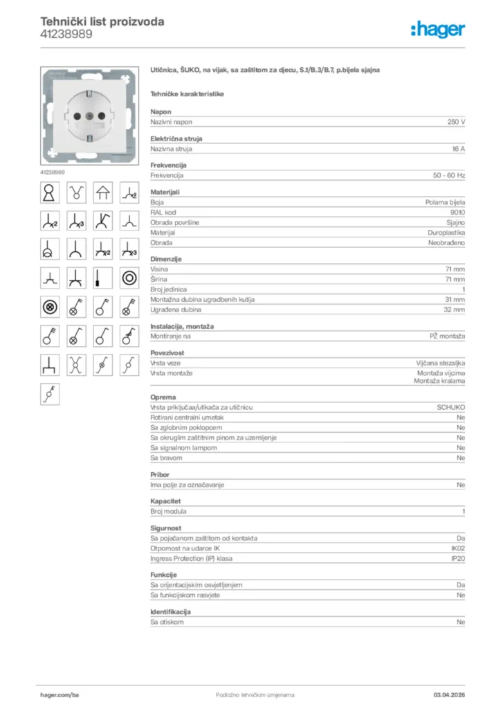 Slika Hager Tehnički list proizvoda 41238989  | Hager