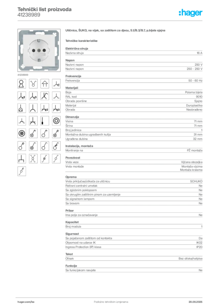 Slika Hager Product data sheet 41238989  | Hager
