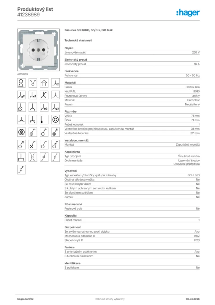 Obrázek Hager Product data sheet 41238989 | Hager