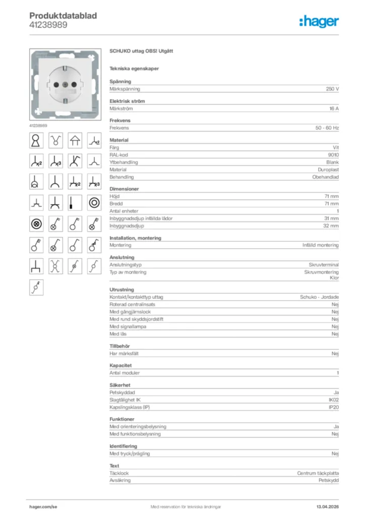 Bild Hager Produktdatablad 41238989 | Hager Sverige