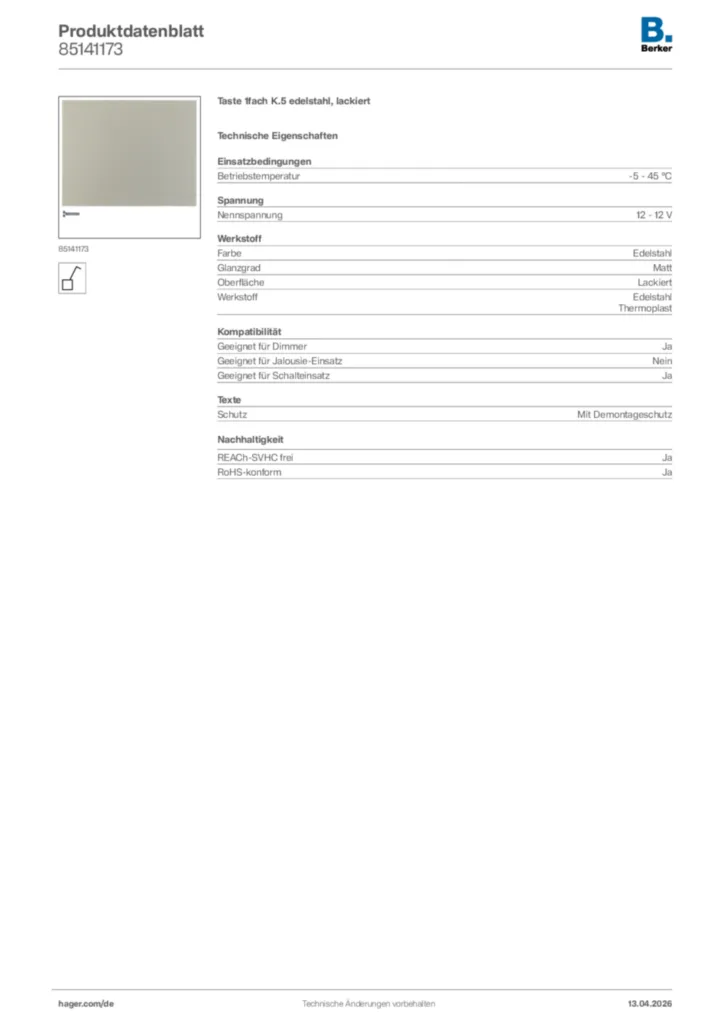 Bild Berker Produktdatenblatt 85141173 | Hager Deutschland