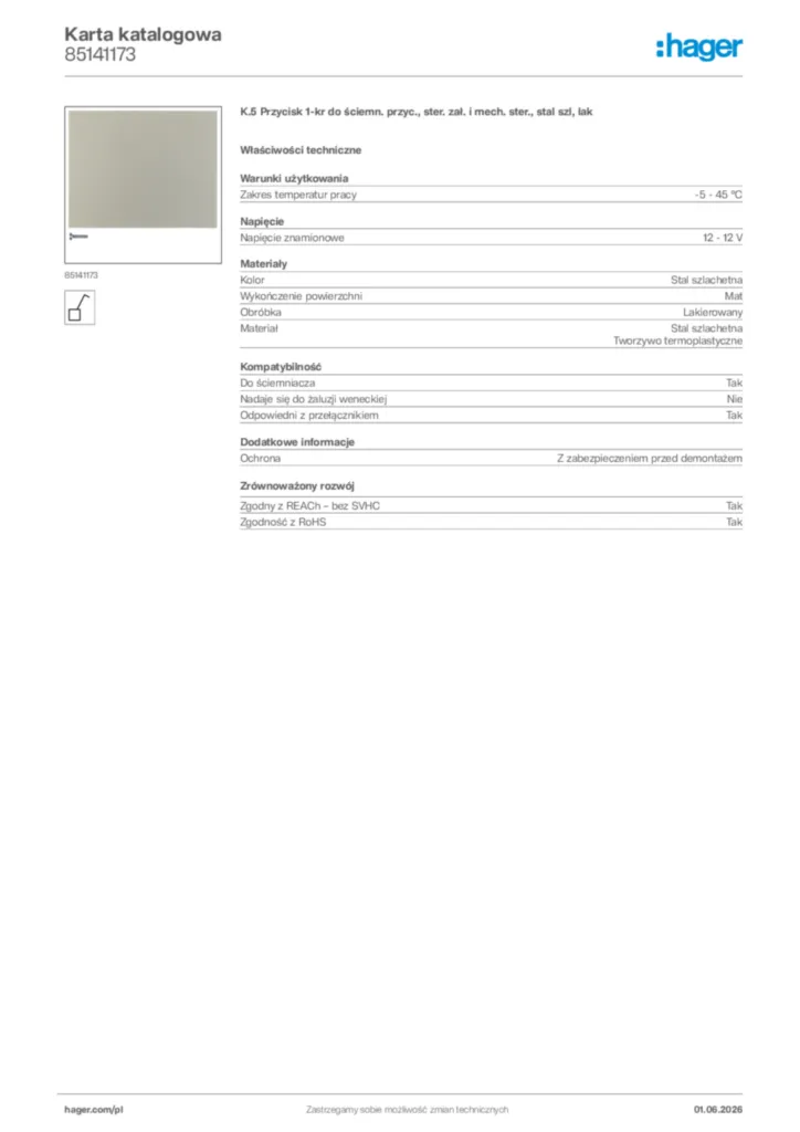 Zdjęcie Hager Karta katalogowa 85141173 | Hager Polska