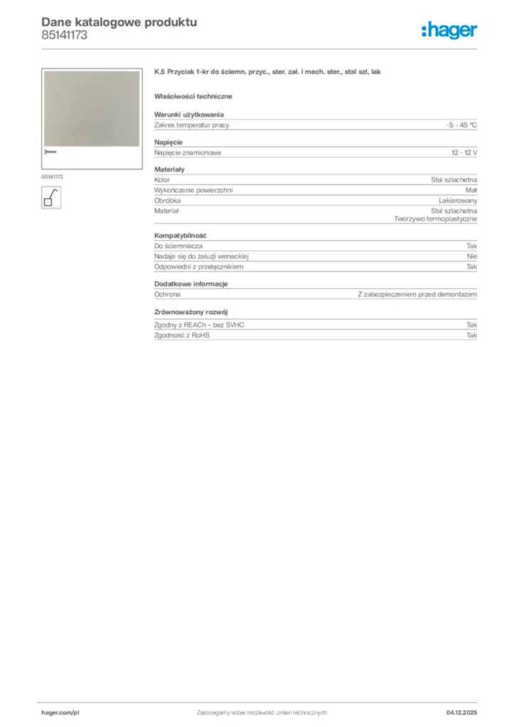 Zdjęcie Hager Karta katalogowa 85141173 | Hager Polska